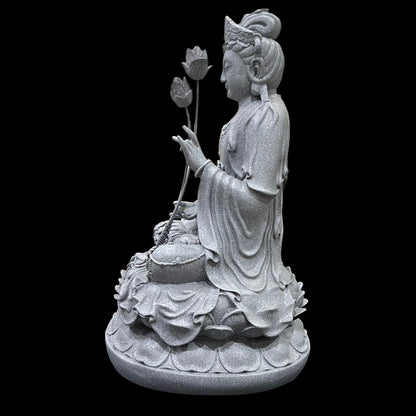 Guan Yin Statue: Artificial Stone Bodhisattva Holding Lotus Flower