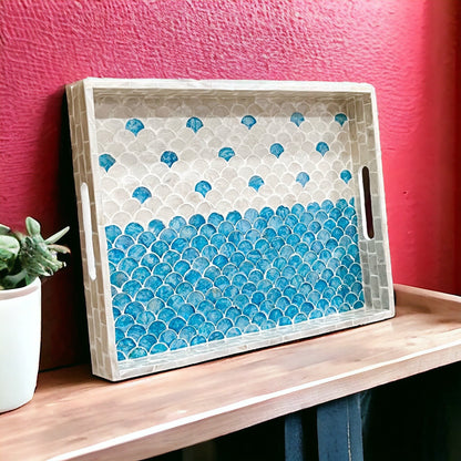 Rectangular Blue & White Mother of Pearl Scallop Inlay Tray