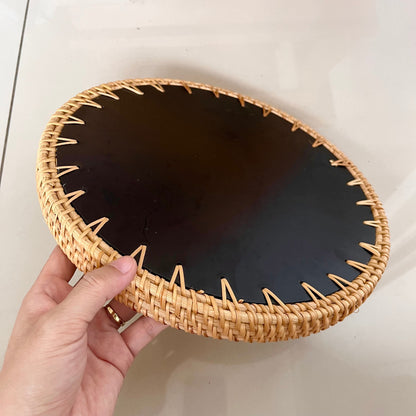 Round Rattan Tray with Green Capiz Shell Leaf Mosaic