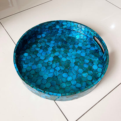 Teal Blue Mother of Pearl Hexagon Inlay Tray