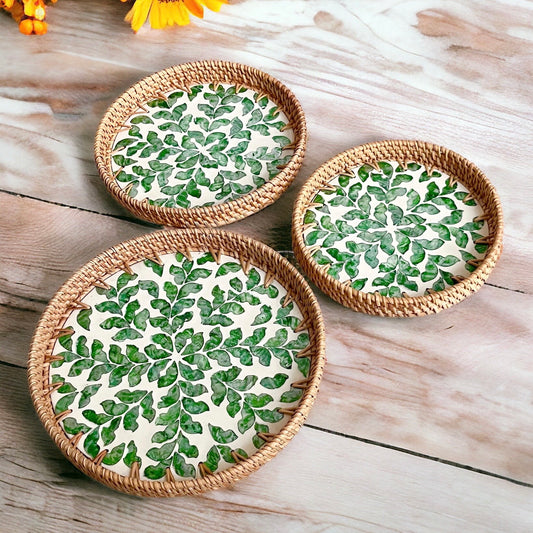 Round Capiz Shell Rattan Tray with Green Leaf Mosaic