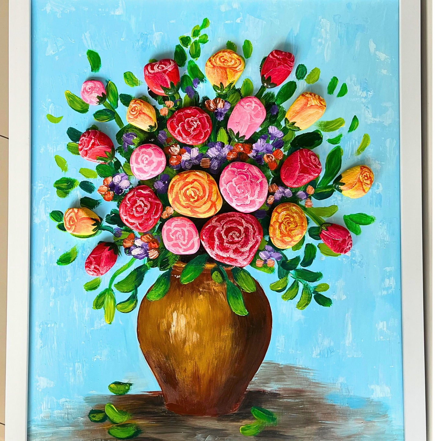 Pebble Art Flower Vase: Handmade Stone Painting, Hanging Wall Art