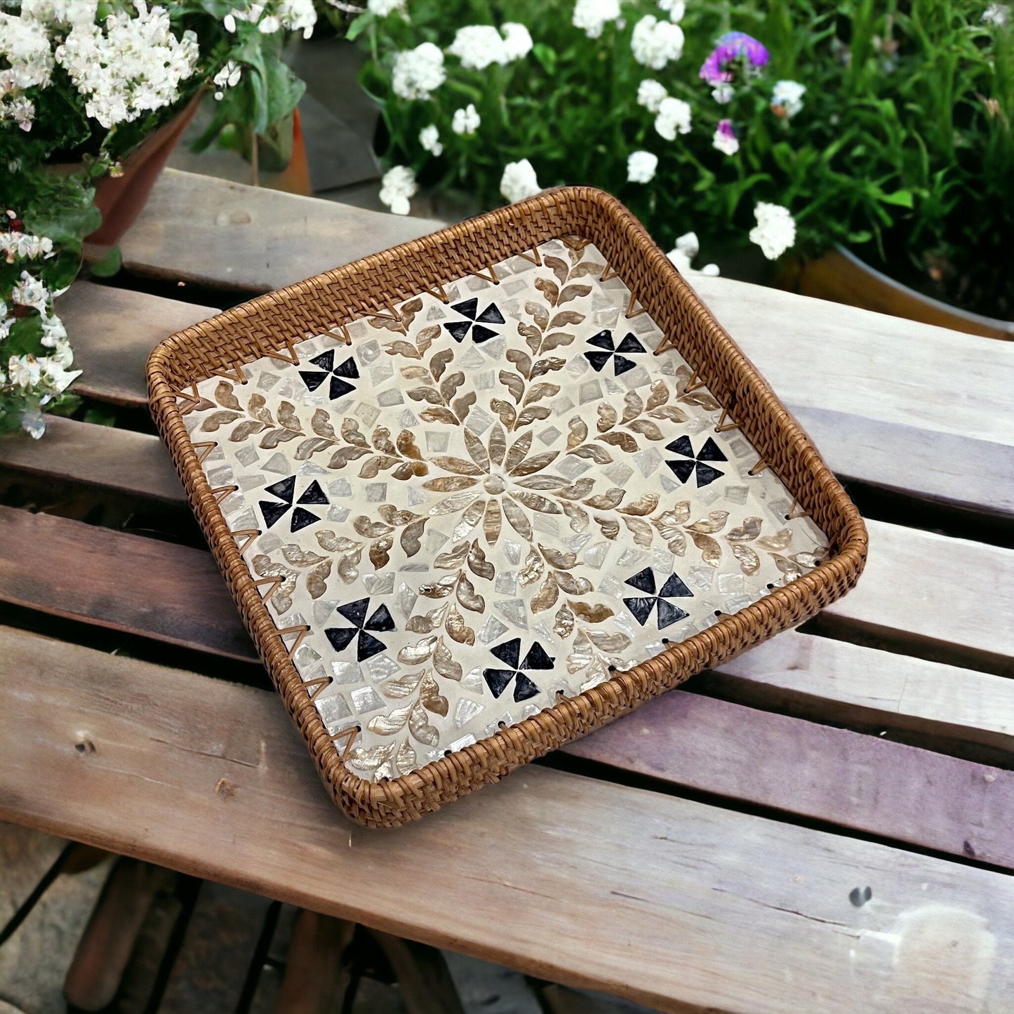 Square Capiz Shell Rattan Tray – Handmade Floral Mosaic Woven Serving Tray