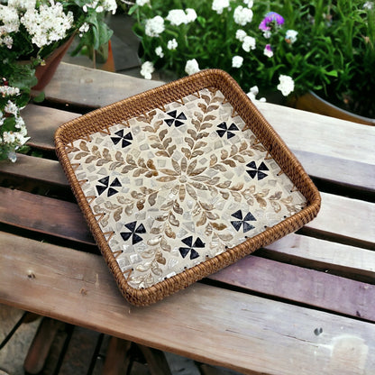 Square Capiz Shell Rattan Tray – Handmade Floral Mosaic Woven Serving Tray