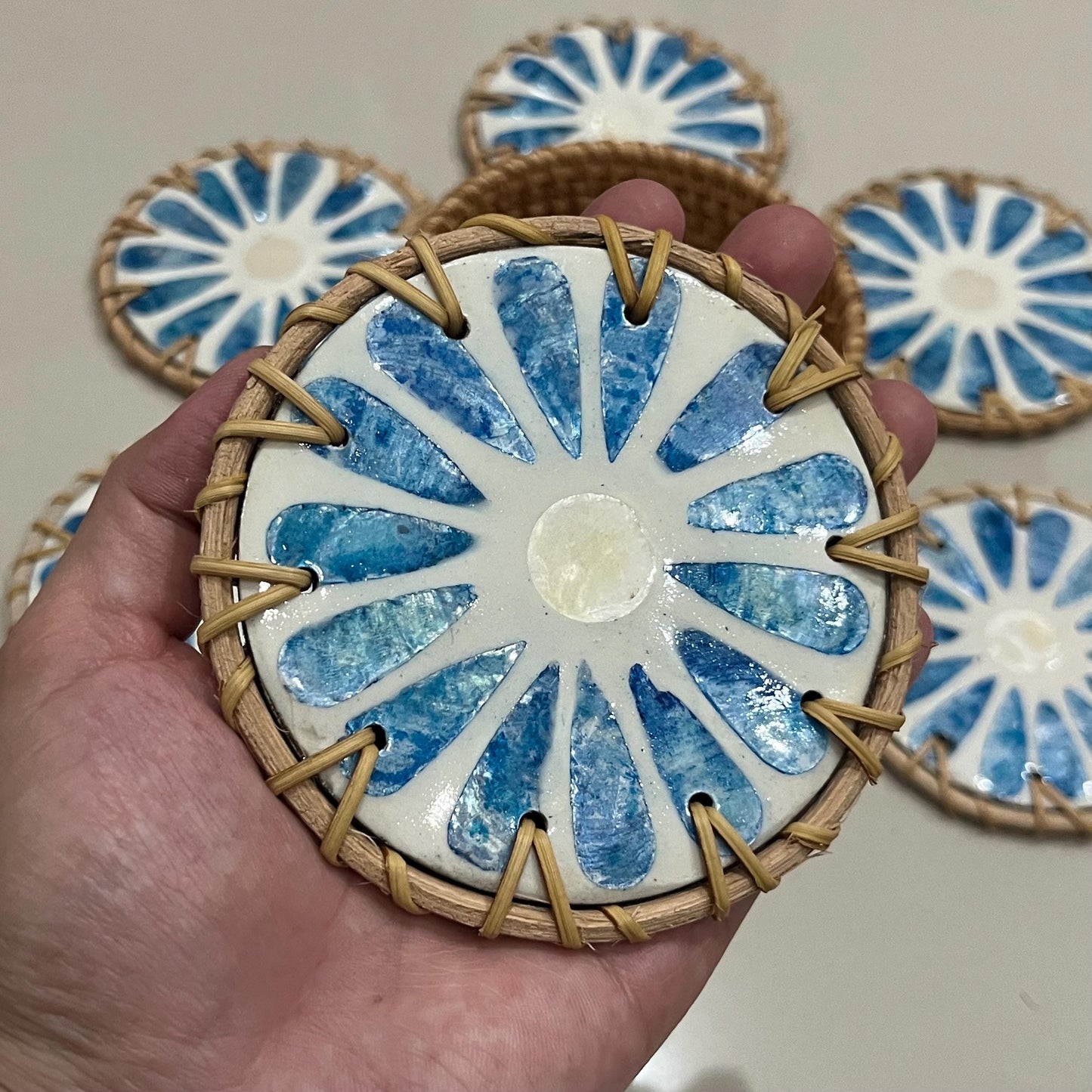 Blue Capiz Shell & Rattan Coaster Set with Handwoven Holder