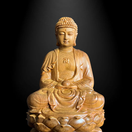 Amitabha Buddha Statue, Wooden Buddha Statue on Lotus Base