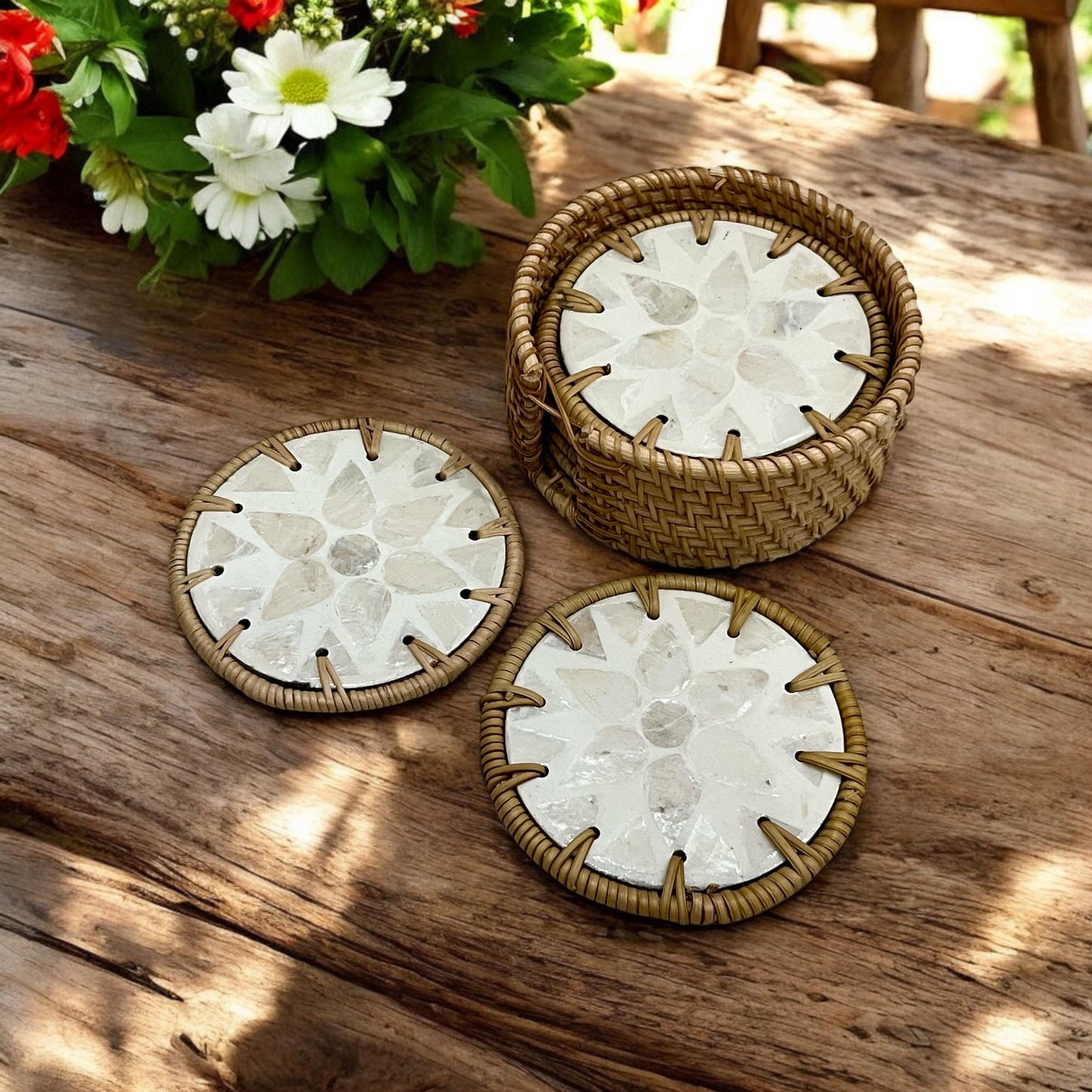 Round Ivory Capiz Shell & Rattan Coaster Set with Handwoven Holder