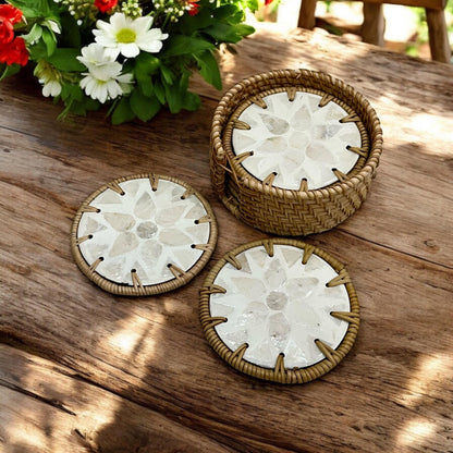 Round Ivory Capiz Shell & Rattan Coaster Set with Handwoven Holder