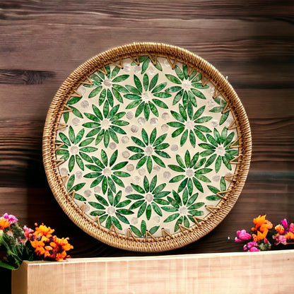 Round Rattan Tray with Green Floral Capiz Shell Inlay