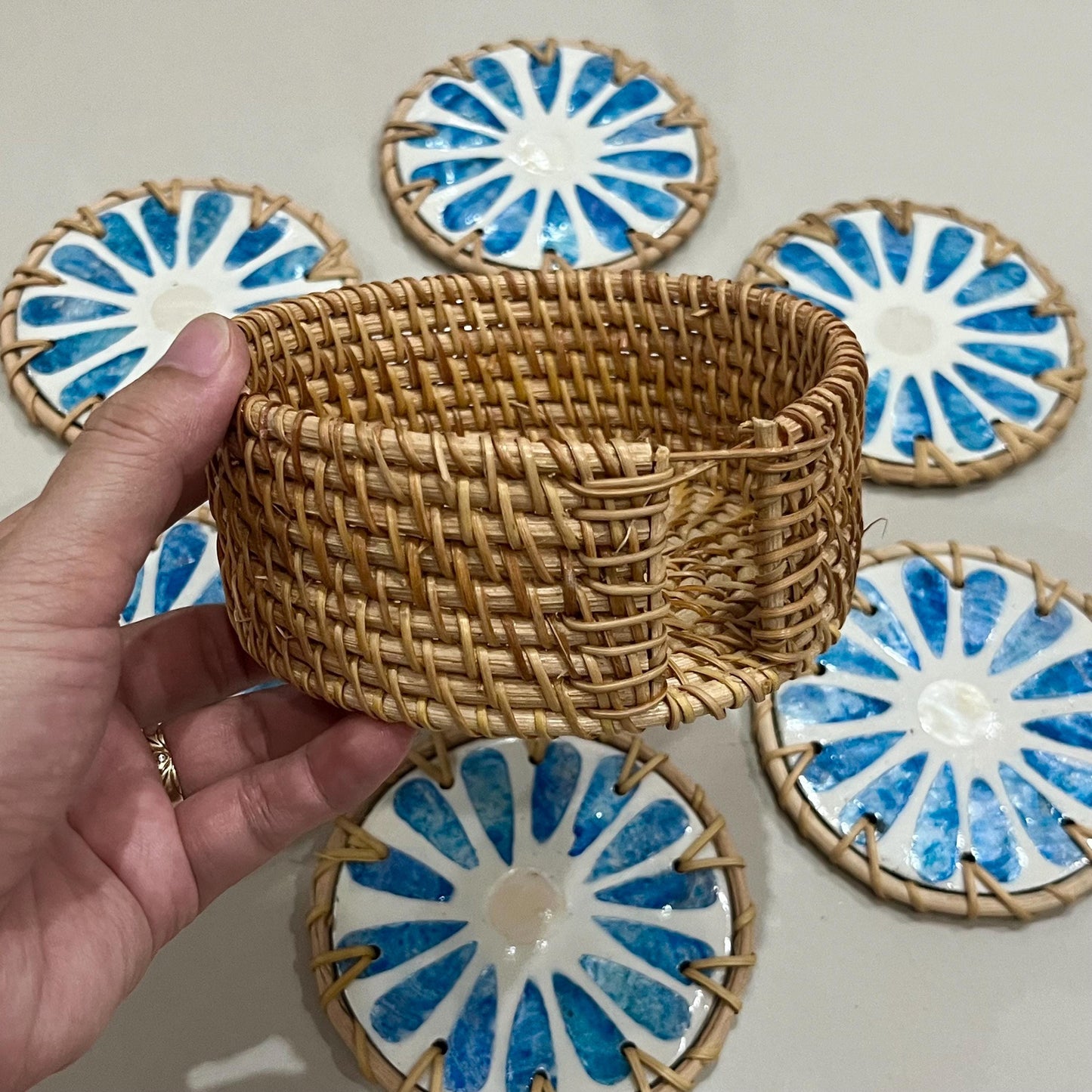 Blue Capiz Shell & Rattan Coaster Set with Handwoven Holder