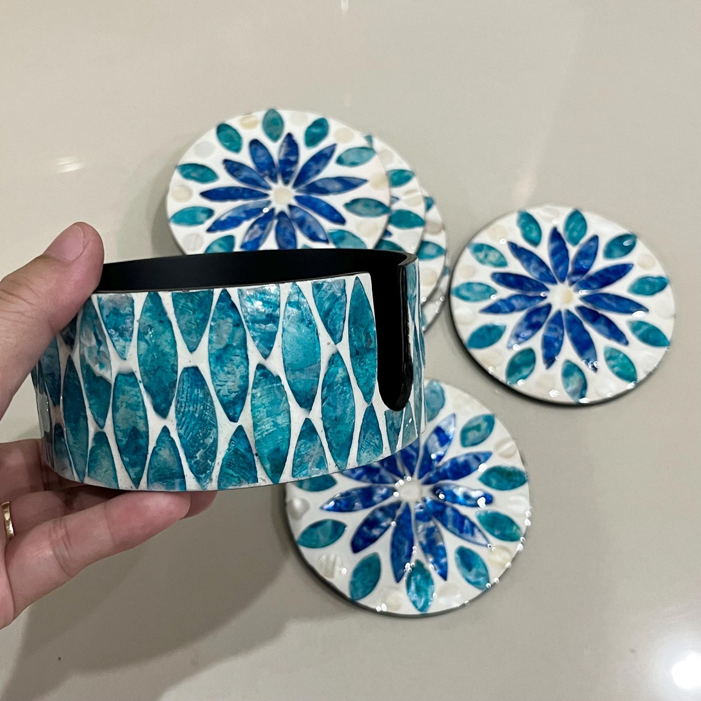 Blue Mother of Pearl Coaster Set with Holder – Handmade Shell Drink Coasters