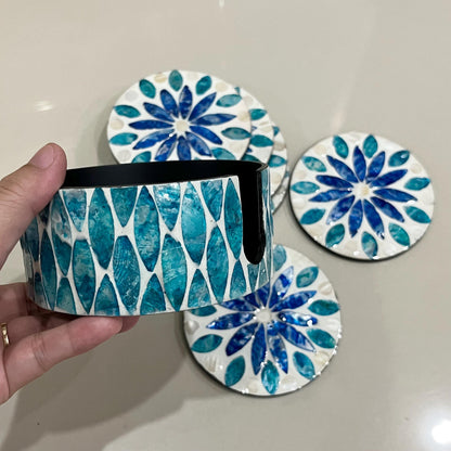 Blue Mother of Pearl Coaster Set with Holder – Handmade Shell Drink Coasters