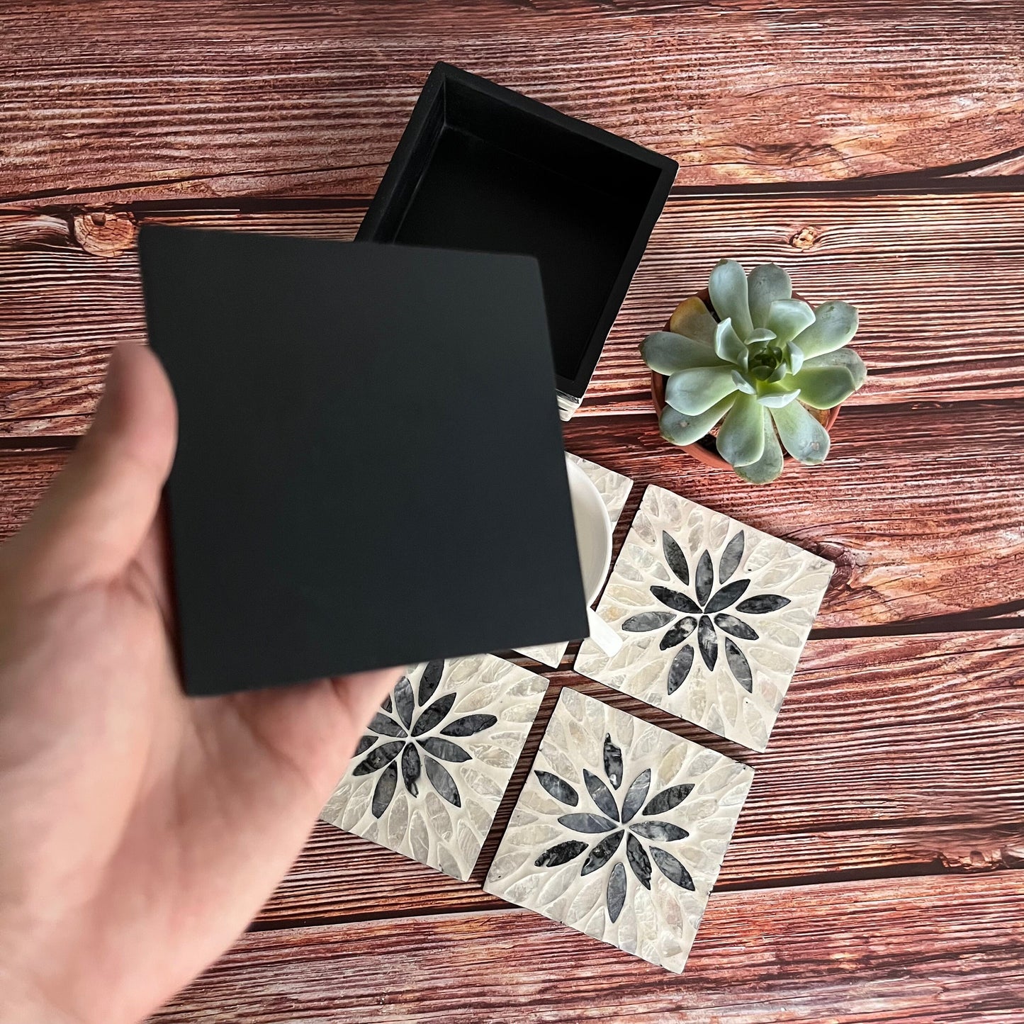 Black Floral Capiz Shell Coaster Set with Holder – Handmade Square Coasters