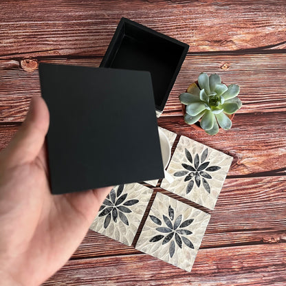 Black Floral Capiz Shell Coaster Set with Holder – Handmade Square Coasters