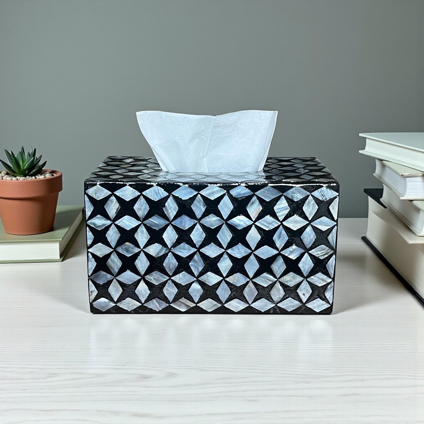 Rectangular Black Geometric Mother of Pearl Tissue Box Cover