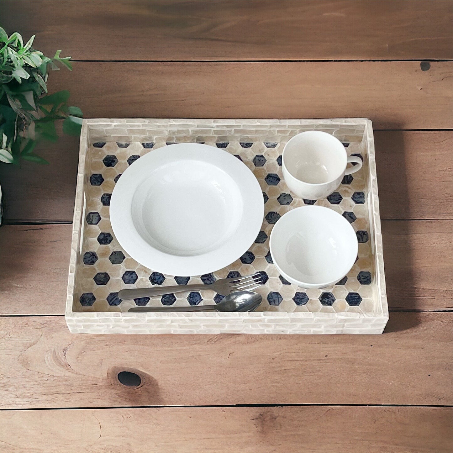 Rectangular Black & Ivory Capiz Shell Hexagon Inlay Tray