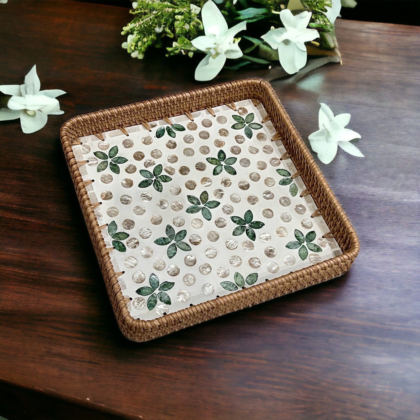 Square Capiz Shell Rattan Tray with Floral Dot Mosaic