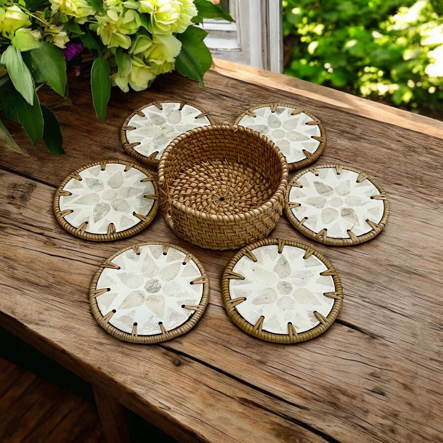 Round Ivory Capiz Shell & Rattan Coaster Set with Handwoven Holder