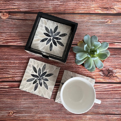 Black Floral Capiz Shell Coaster Set with Holder – Handmade Square Coasters