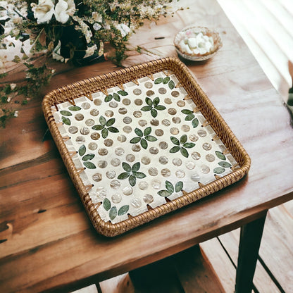 Square Capiz Shell Rattan Tray with Floral Dot Mosaic