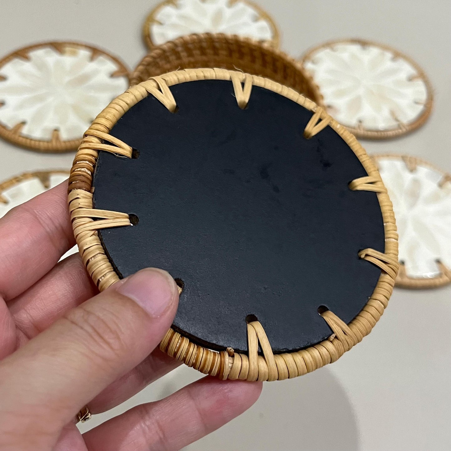 Ivory Floral Capiz Shell Coaster Set with Rattan Holder