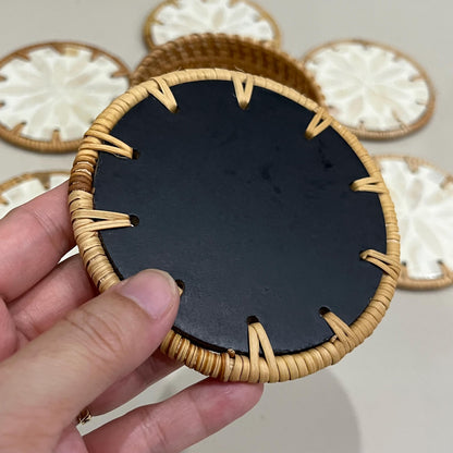 Ivory Floral Capiz Shell Coaster Set with Rattan Holder