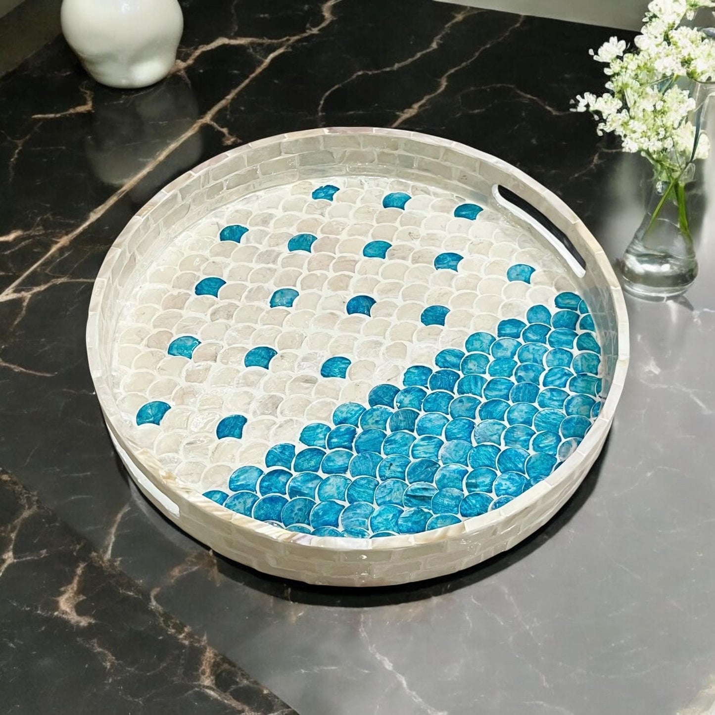 Round Mother of Pearl & Capiz Shell Scallop Inlay Tray in Blue & Ivory