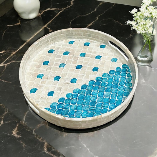 Round Mother of Pearl & Capiz Shell Scallop Inlay Tray in Blue & Ivory
