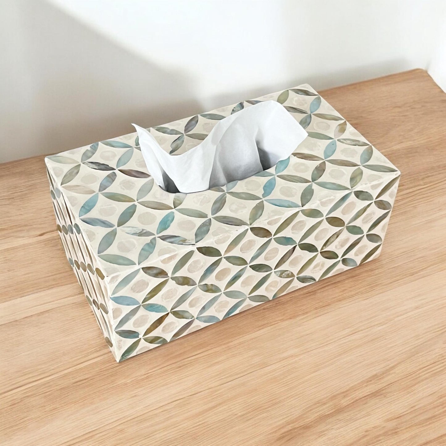 Rectangular Mother of Pearl & Capiz Tissue Box Cover – Ivory Geometric Floral Design