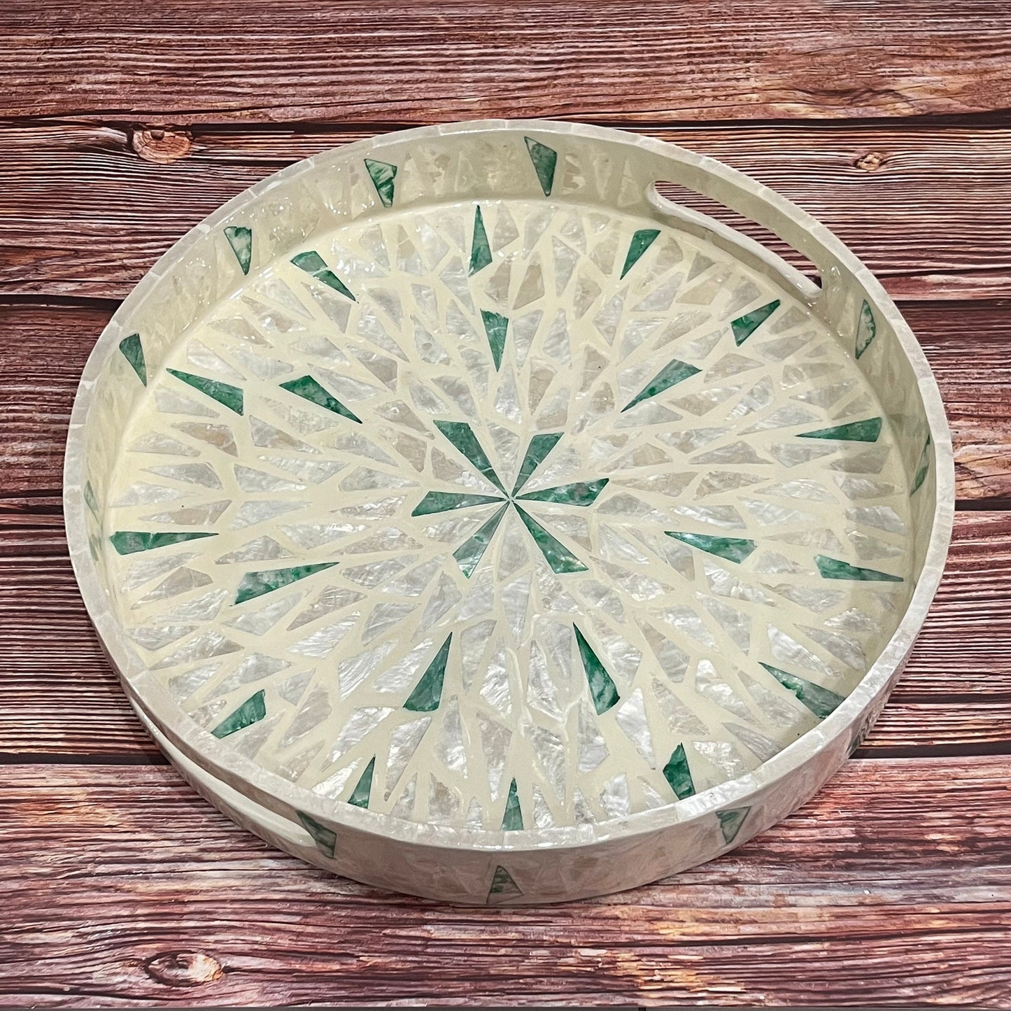 Round Capiz Shell Sunburst Inlay Tray with Green Accents
