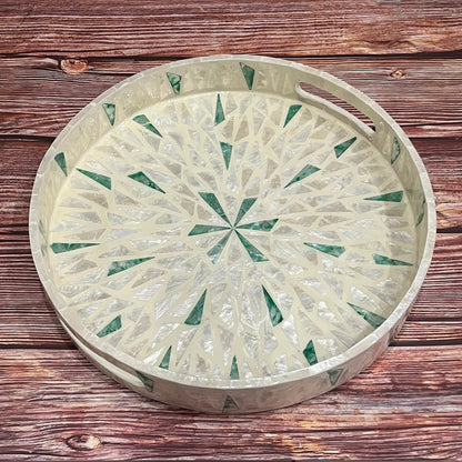 Round Capiz Shell Sunburst Inlay Tray with Green Accents