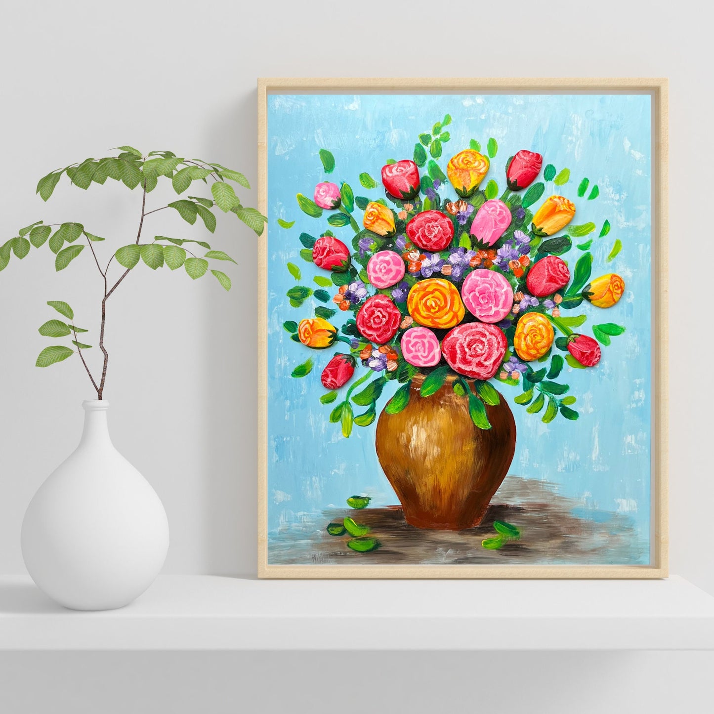 Pebble Art Flower Vase: Handmade Stone Painting, Hanging Wall Art