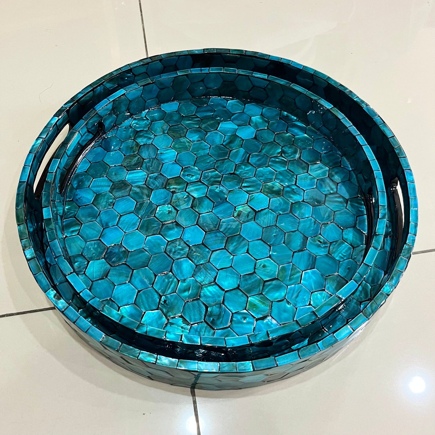 Teal Blue Mother of Pearl Hexagon Inlay Tray