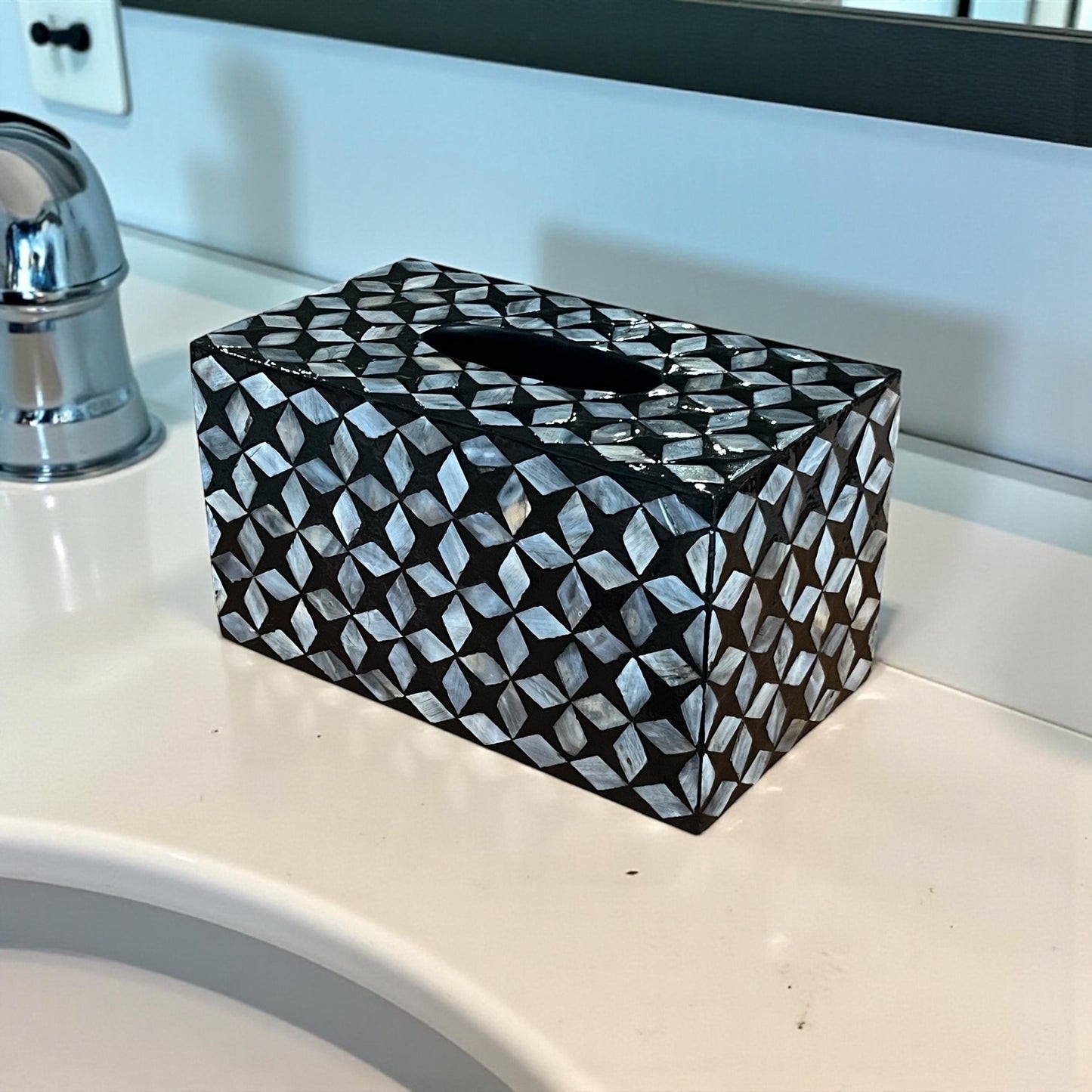 Rectangular Black Geometric Mother of Pearl Tissue Box Cover