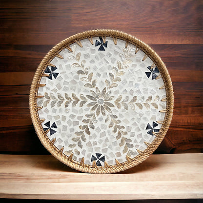 Black White Gold flower Hand-woven Capiz Shell Tray