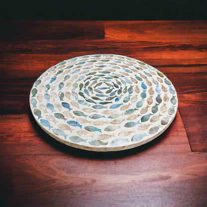 Mother of Pearl & Capiz Lazy Susan Turntable, Fish Swirl Inlay Rotating Tray