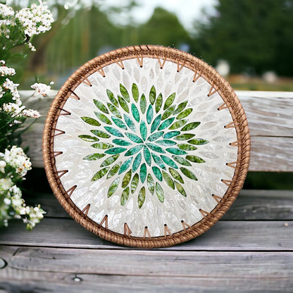 Round Rattan Tray with Green Capiz Shell Leaf Mosaic