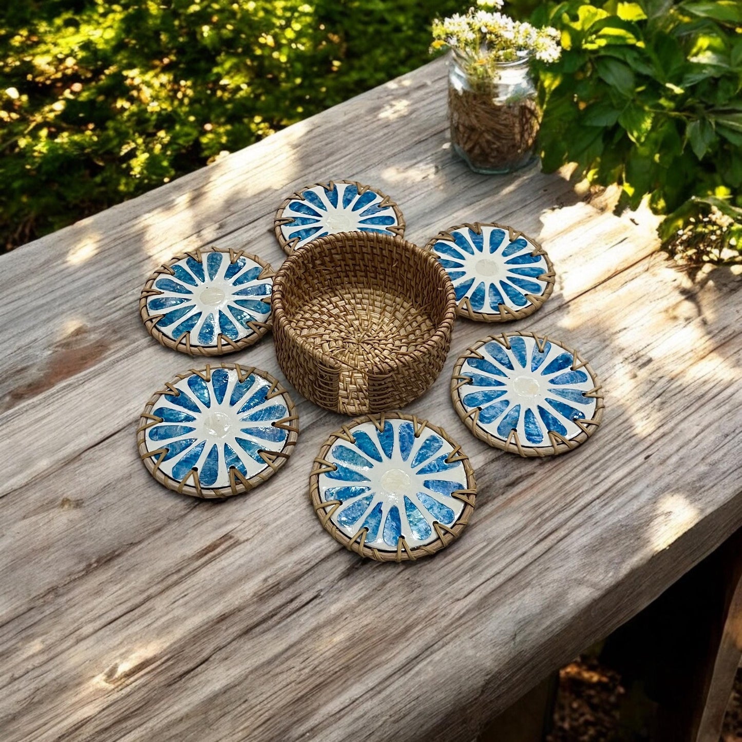 Blue Capiz Shell & Rattan Coaster Set with Handwoven Holder