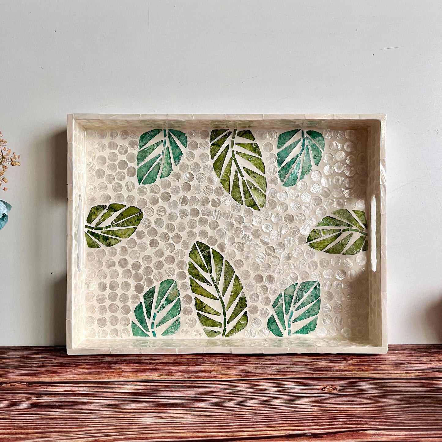 Green Leaf Capiz Shell Rectangular Tray with Handles