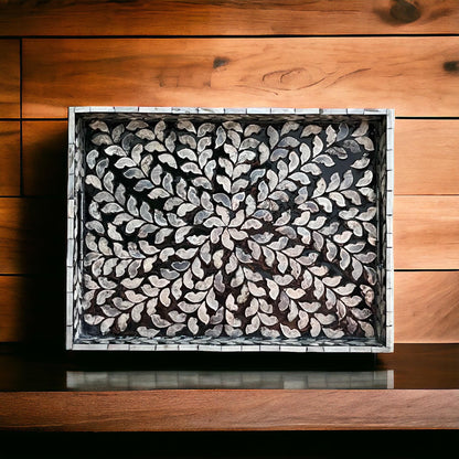 Black Mother of Pearl & Capiz Shell Leaf Inlay Tray