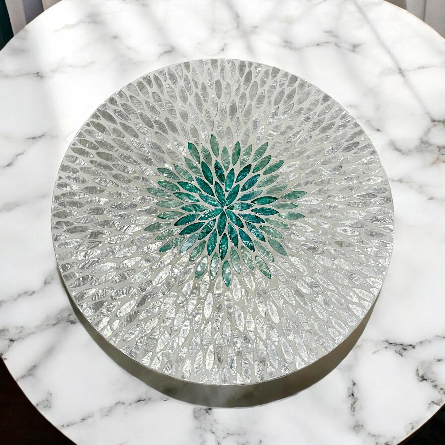 Capiz Shell Lazy Susan: White & Green leaf floral pattern