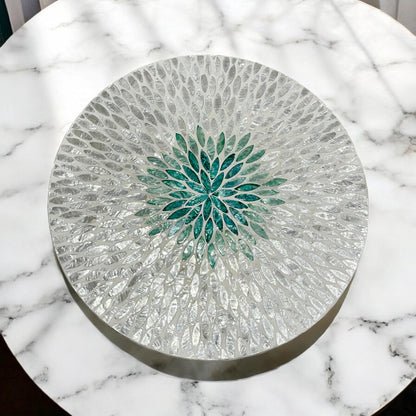 Capiz Shell Lazy Susan: White & Green leaf floral pattern