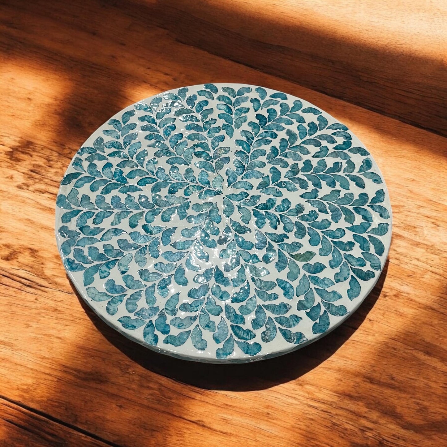 Handcrafted Capiz Shell Lazy Susan: Blue Leaf Rotating Tray
