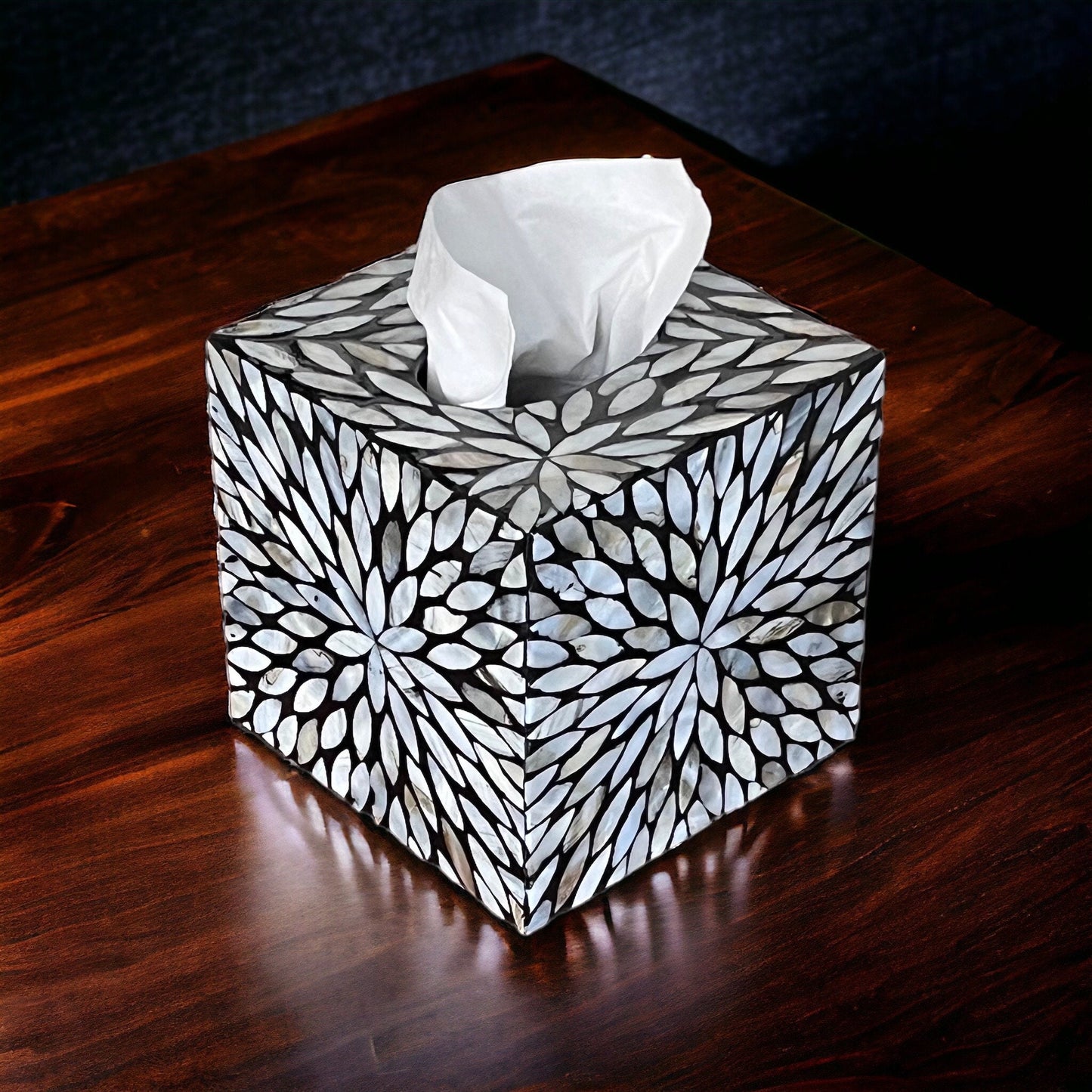 Black & White Floral Cube Mother of Pearl Tissue Box Cover