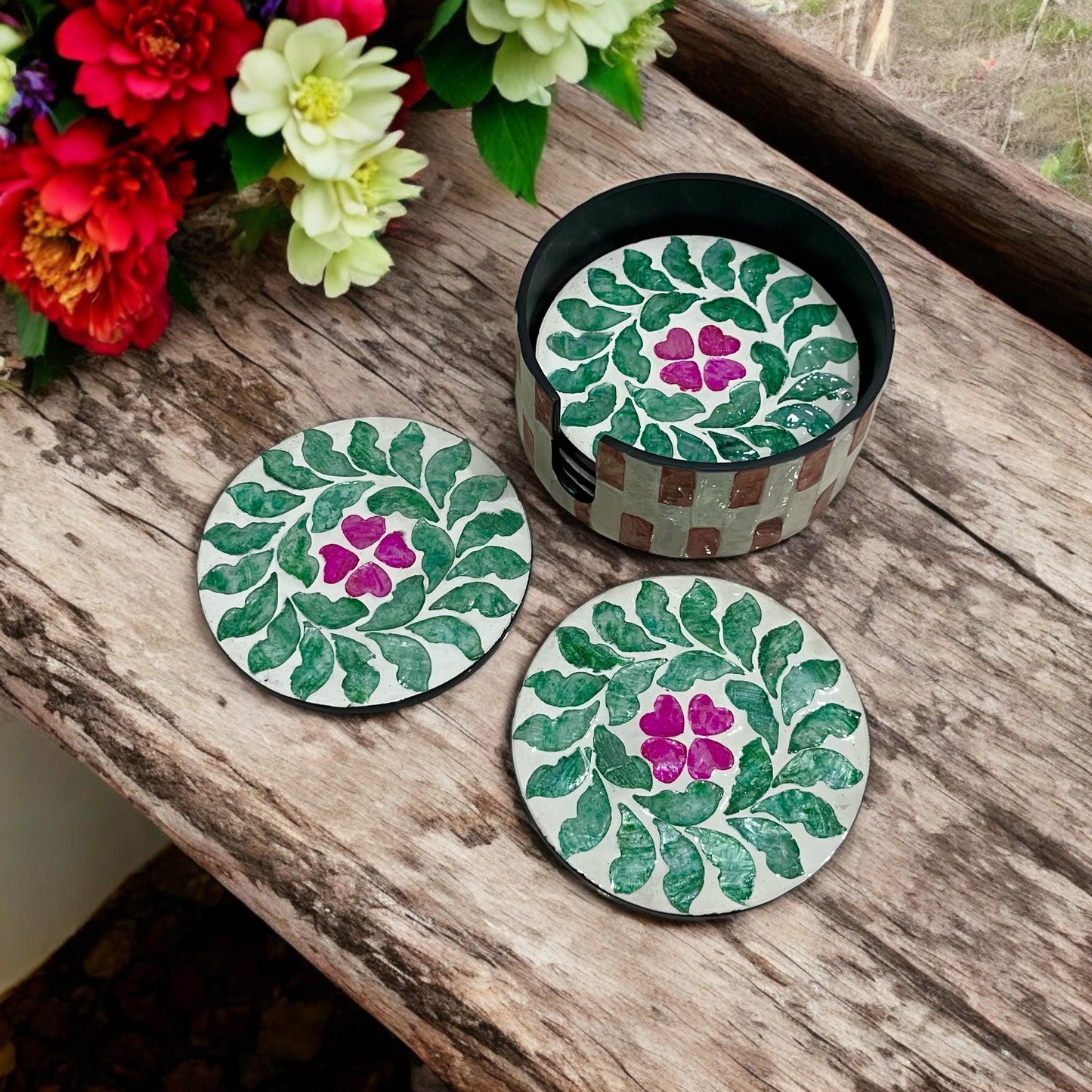 Floral Capiz Shell Coaster Set with Holder – Handmade Decorative Drink Coasters