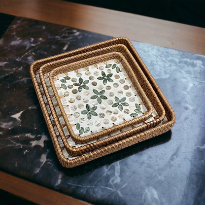 Square Capiz Shell Rattan Tray with Floral Dot Mosaic