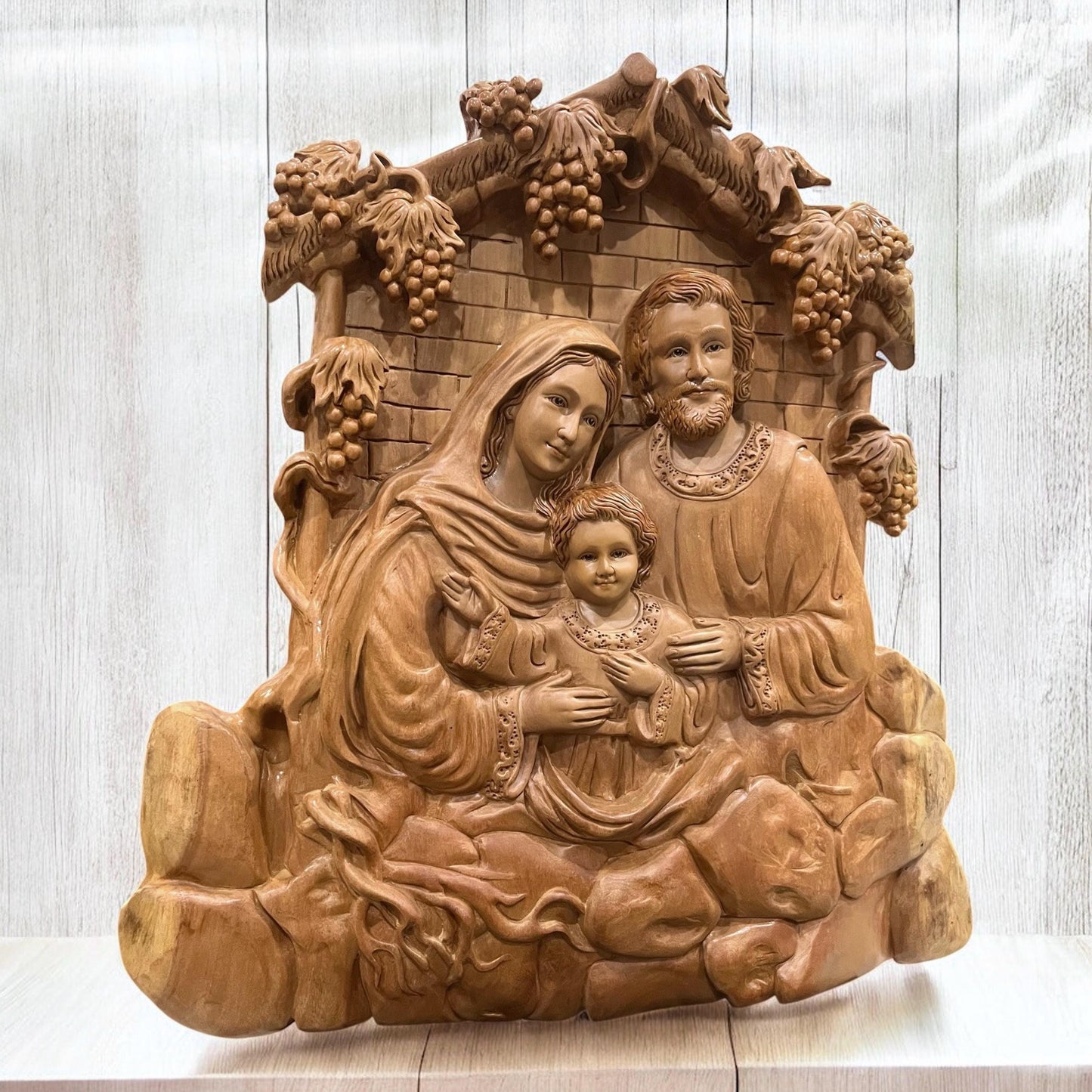 Hand-Carved Aromatic Wood Holy Family Statue: Catholic Wall Decor