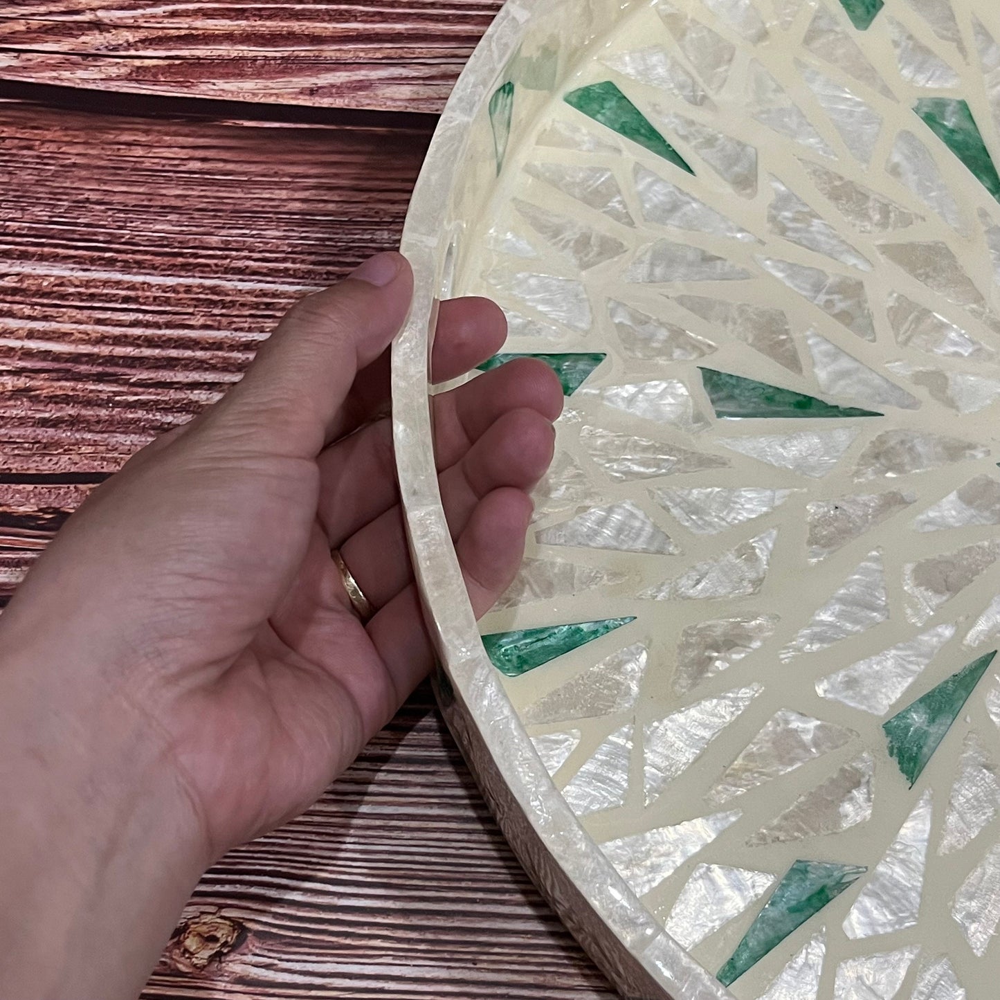 Round Capiz Shell Sunburst Inlay Tray with Green Accents