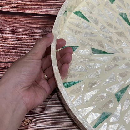 Round Capiz Shell Sunburst Inlay Tray with Green Accents