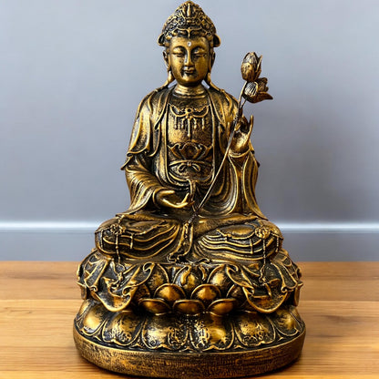 Guan Yin Statue: Artificial Stone Bodhisattva Holding Lotus Flower